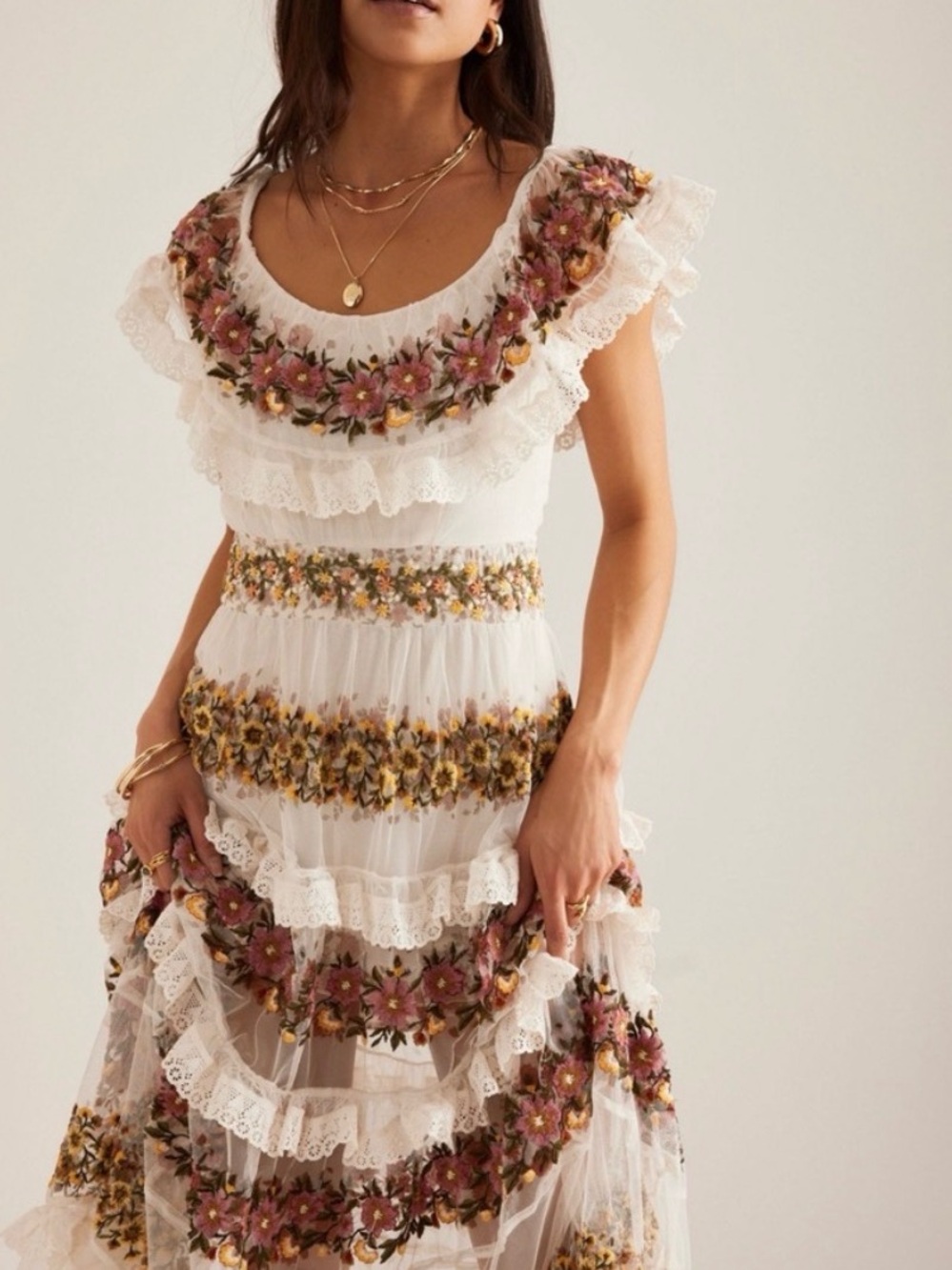 By Anthropologie Ruffle V-Neck Embroidered Tiered Maxi Dress